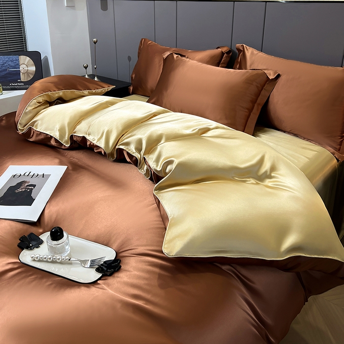 91家纺网 家纺一手货源 找家纺 合纵跨境工厂 新款水洗真丝纯色四件套跨境外贸JIT一件代发TEMU亚马逊希音包过核价冰丝床单款床笠款四件套 咖啡驼