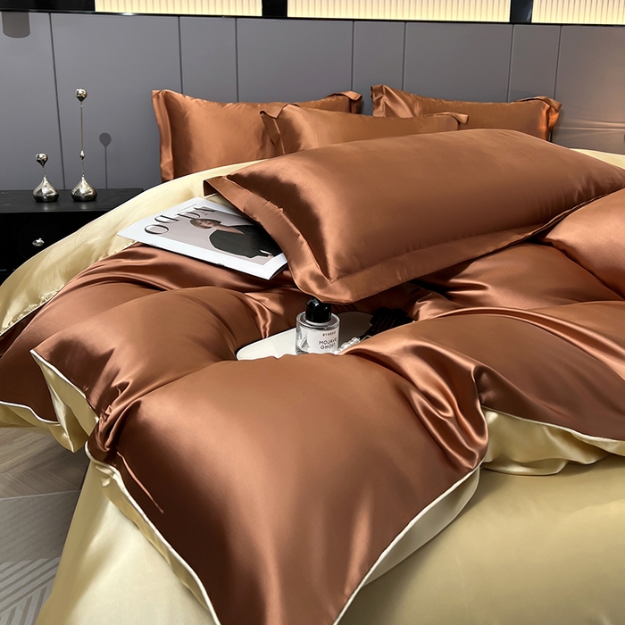 91家纺网 家纺一手货源 找家纺 合纵跨境工厂 新款水洗真丝纯色四件套跨境外贸JIT一件代发TEMU亚马逊希音包过核价冰丝床单款床笠款四件套 咖啡驼