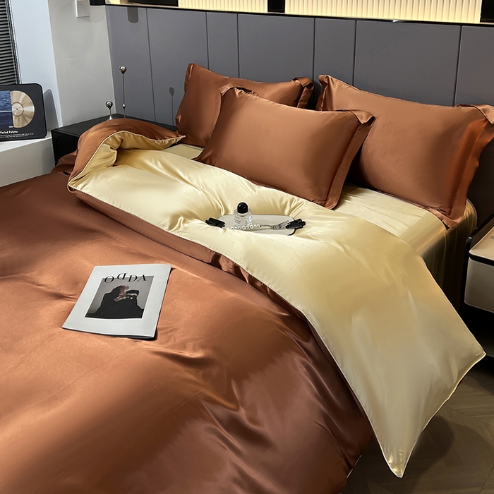 91家纺网 家纺一手货源 找家纺 合纵跨境工厂 新款水洗真丝纯色四件套跨境外贸JIT一件代发TEMU亚马逊希音包过核价冰丝床单款床笠款四件套 咖啡驼