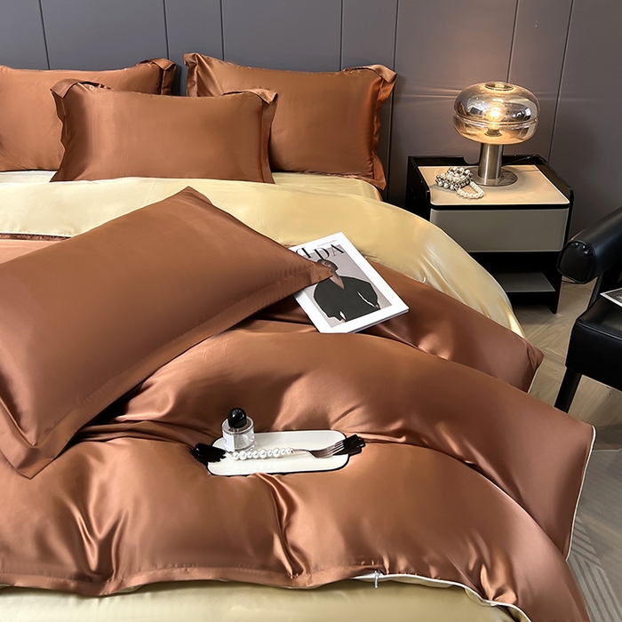 91家纺网 家纺一手货源 找家纺 合纵跨境工厂 新款水洗真丝纯色四件套跨境外贸JIT一件代发TEMU亚马逊希音包过核价冰丝床单款床笠款四件套 咖啡驼