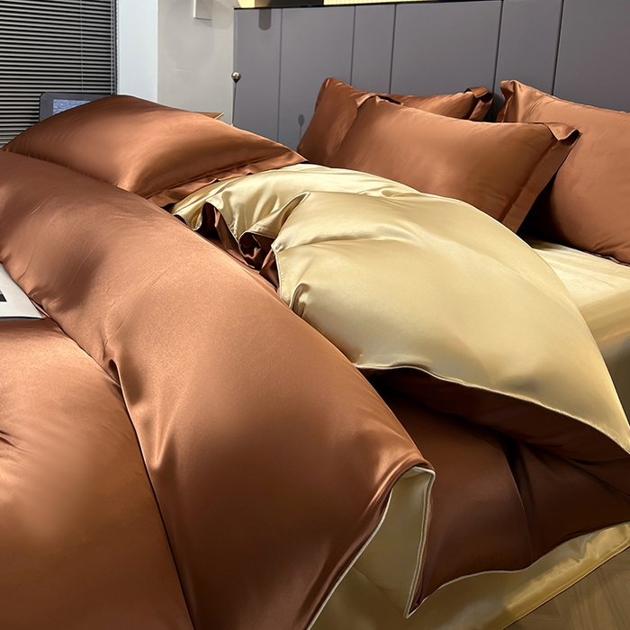 91家纺网 家纺一手货源 找家纺 合纵跨境工厂 新款水洗真丝纯色四件套跨境外贸JIT一件代发TEMU亚马逊希音包过核价冰丝床单款床笠款四件套 咖啡驼