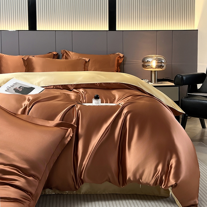 91家纺网 家纺一手货源 找家纺 合纵跨境工厂 新款水洗真丝纯色四件套跨境外贸JIT一件代发TEMU亚马逊希音包过核价冰丝床单款床笠款四件套 咖啡驼
