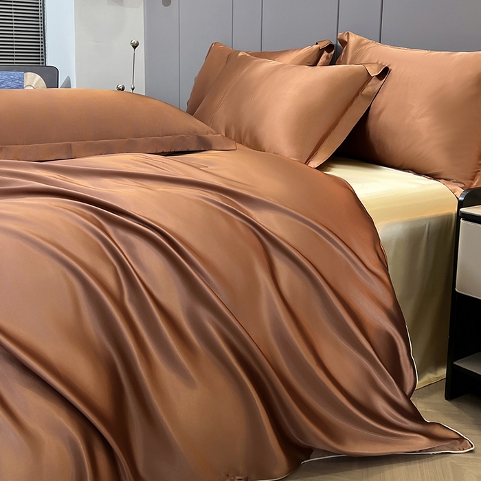 91家纺网 家纺一手货源 找家纺 合纵跨境工厂 新款水洗真丝纯色四件套跨境外贸JIT一件代发TEMU亚马逊希音包过核价冰丝床单款床笠款四件套 咖啡驼