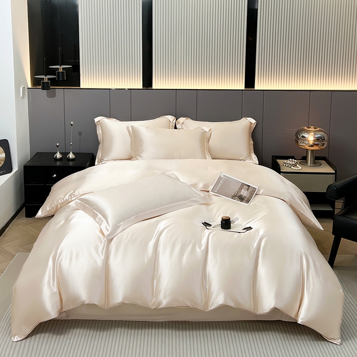 合纵跨境工厂 新款水洗真丝纯色四件套跨境外贸JIT一件代发TEMU亚马逊希音包过核价冰丝床单款床笠款四件套 米色