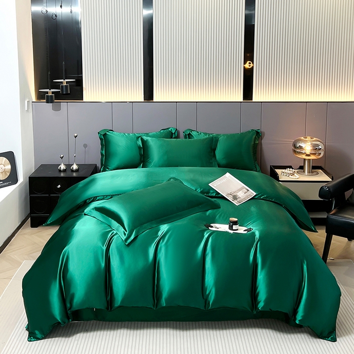 合纵跨境工厂 新款水洗真丝纯色四件套跨境外贸JIT一件代发TEMU亚马逊希音包过核价冰丝床单款床笠款四件套 墨绿