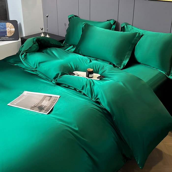 91家纺网 家纺一手货源 找家纺 合纵跨境工厂 新款水洗真丝纯色四件套跨境外贸JIT一件代发TEMU亚马逊希音包过核价冰丝床单款床笠款四件套 墨绿