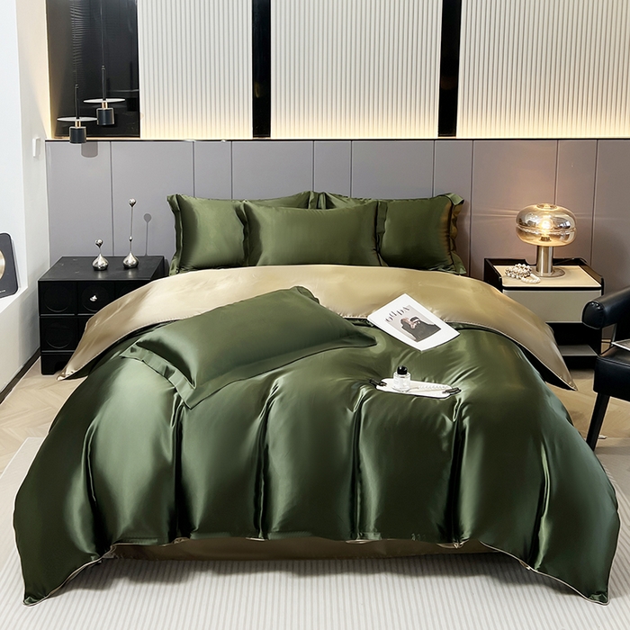 合纵跨境工厂 新款水洗真丝纯色四件套跨境外贸JIT一件代发TEMU亚马逊希音包过核价冰丝床单款床笠款四件套 墨绿金