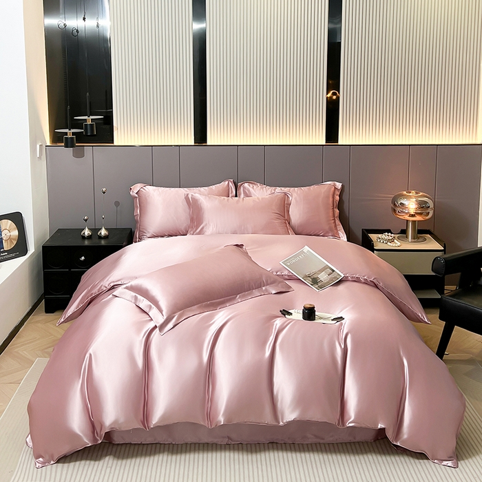 合纵跨境工厂 新款水洗真丝纯色四件套跨境外贸JIT一件代发TEMU亚马逊希音包过核价冰丝床单款床笠款四件套 浅豆沙