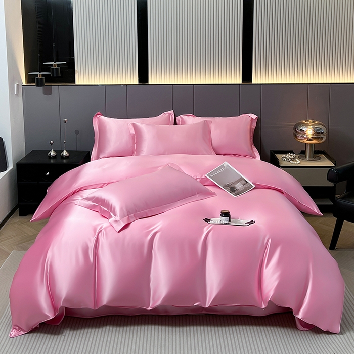 合纵跨境工厂 新款水洗真丝纯色四件套跨境外贸JIT一件代发TEMU亚马逊希音包过核价冰丝床单款床笠款四件套 浅粉