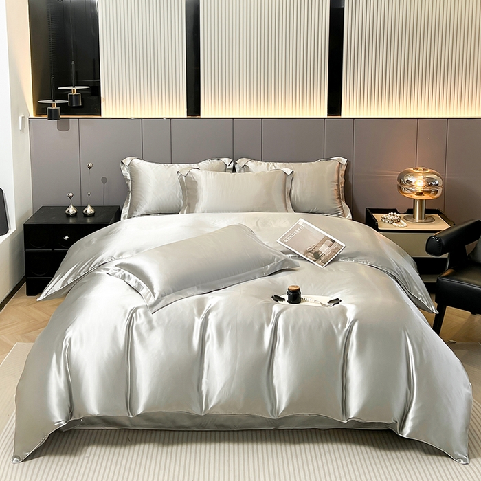 合纵跨境工厂 新款水洗真丝纯色四件套跨境外贸JIT一件代发TEMU亚马逊希音包过核价冰丝床单款床笠款四件套 浅灰