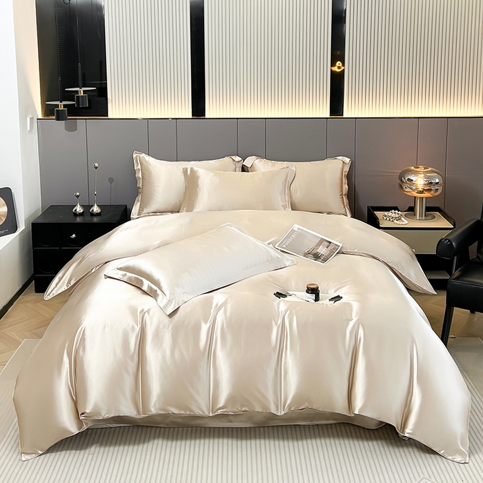 合纵跨境工厂 新款水洗真丝纯色四件套跨境外贸JIT一件代发TEMU亚马逊希音包过核价冰丝床单款床笠款四件套 浅香槟