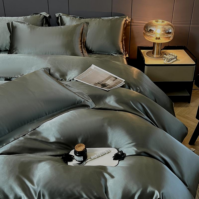 91家纺网 家纺一手货源 找家纺 合纵跨境工厂 新款水洗真丝纯色四件套跨境外贸JIT一件代发TEMU亚马逊希音包过核价冰丝床单款床笠款四件套 深灰