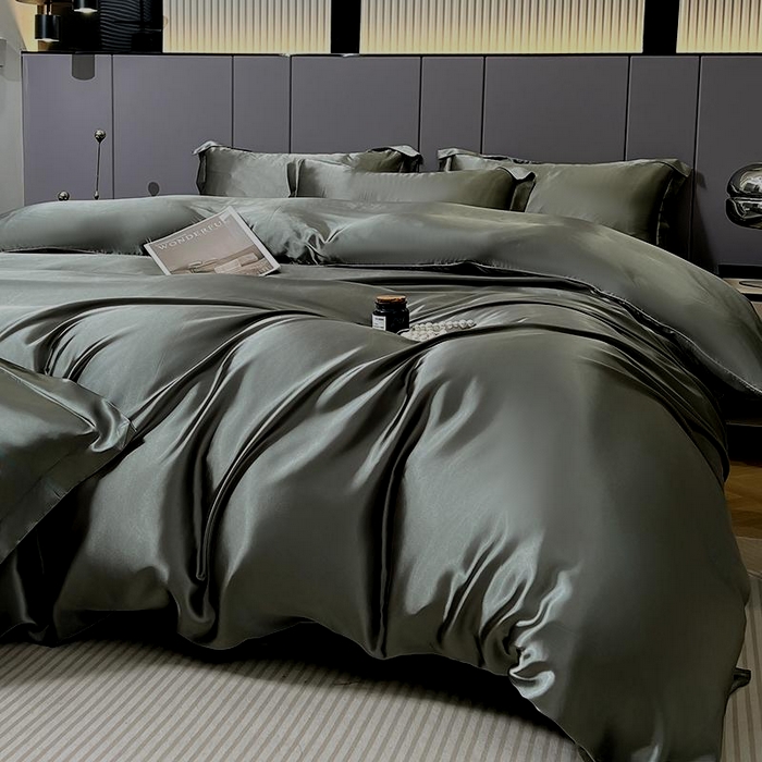 91家纺网 家纺一手货源 找家纺 合纵跨境工厂 新款水洗真丝纯色四件套跨境外贸JIT一件代发TEMU亚马逊希音包过核价冰丝床单款床笠款四件套 深灰
