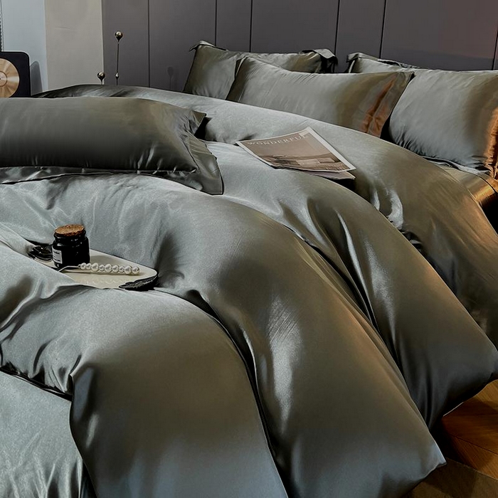 91家纺网 家纺一手货源 找家纺 合纵跨境工厂 新款水洗真丝纯色四件套跨境外贸JIT一件代发TEMU亚马逊希音包过核价冰丝床单款床笠款四件套 深灰