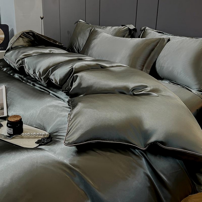 91家纺网 家纺一手货源 找家纺 合纵跨境工厂 新款水洗真丝纯色四件套跨境外贸JIT一件代发TEMU亚马逊希音包过核价冰丝床单款床笠款四件套 深灰