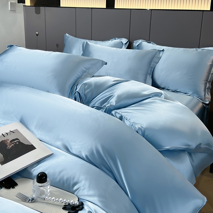 91家纺网 家纺一手货源 找家纺 合纵跨境工厂 新款水洗真丝纯色四件套跨境外贸JIT一件代发TEMU亚马逊希音包过核价冰丝床单款床笠款四件套 天蓝
