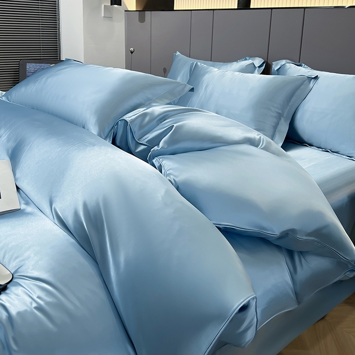 91家纺网 家纺一手货源 找家纺 合纵跨境工厂 新款水洗真丝纯色四件套跨境外贸JIT一件代发TEMU亚马逊希音包过核价冰丝床单款床笠款四件套 天蓝