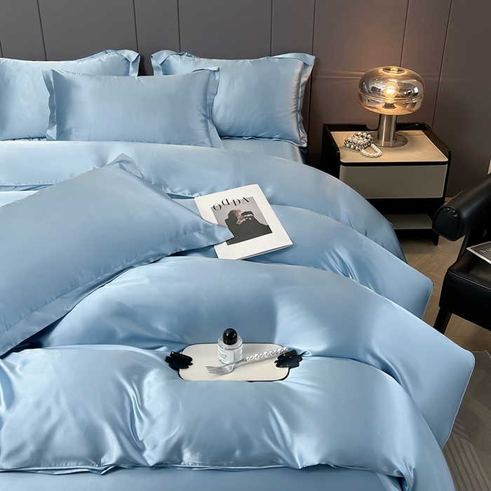 91家纺网 家纺一手货源 找家纺 合纵跨境工厂 新款水洗真丝纯色四件套跨境外贸JIT一件代发TEMU亚马逊希音包过核价冰丝床单款床笠款四件套 天蓝