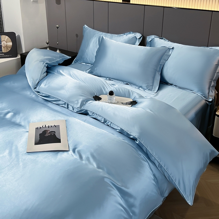 91家纺网 家纺一手货源 找家纺 合纵跨境工厂 新款水洗真丝纯色四件套跨境外贸JIT一件代发TEMU亚马逊希音包过核价冰丝床单款床笠款四件套 天蓝