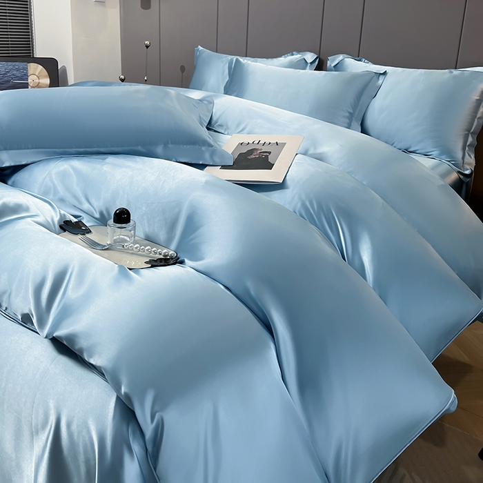 91家纺网 家纺一手货源 找家纺 合纵跨境工厂 新款水洗真丝纯色四件套跨境外贸JIT一件代发TEMU亚马逊希音包过核价冰丝床单款床笠款四件套 天蓝