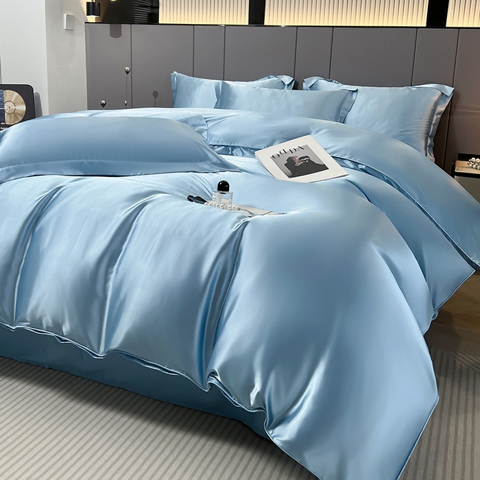 91家纺网 家纺一手货源 找家纺 合纵跨境工厂 新款水洗真丝纯色四件套跨境外贸JIT一件代发TEMU亚马逊希音包过核价冰丝床单款床笠款四件套 天蓝