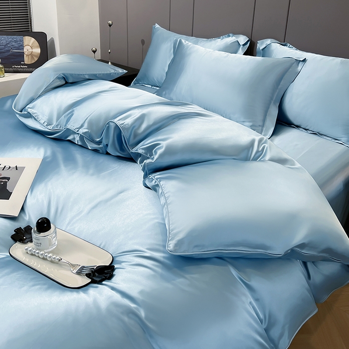91家纺网 家纺一手货源 找家纺 合纵跨境工厂 新款水洗真丝纯色四件套跨境外贸JIT一件代发TEMU亚马逊希音包过核价冰丝床单款床笠款四件套 天蓝