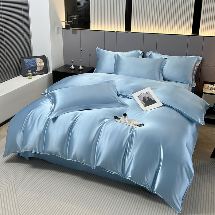 91家纺网 家纺一手货源 找家纺 合纵跨境工厂 新款水洗真丝纯色四件套跨境外贸JIT一件代发TEMU亚马逊希音包过核价冰丝床单款床笠款四件套 天蓝