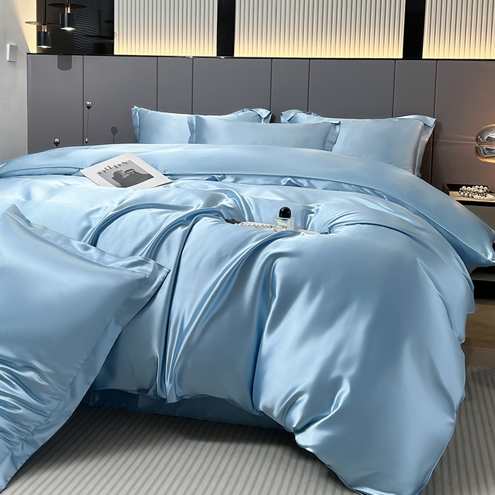 91家纺网 家纺一手货源 找家纺 合纵跨境工厂 新款水洗真丝纯色四件套跨境外贸JIT一件代发TEMU亚马逊希音包过核价冰丝床单款床笠款四件套 天蓝