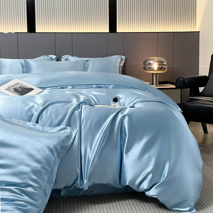 91家纺网 家纺一手货源 找家纺 合纵跨境工厂 新款水洗真丝纯色四件套跨境外贸JIT一件代发TEMU亚马逊希音包过核价冰丝床单款床笠款四件套 天蓝