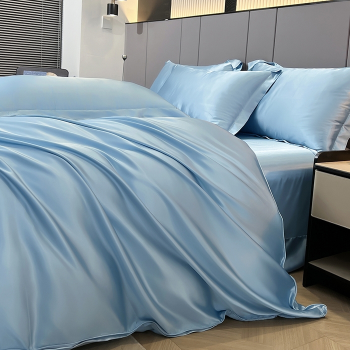 91家纺网 家纺一手货源 找家纺 合纵跨境工厂 新款水洗真丝纯色四件套跨境外贸JIT一件代发TEMU亚马逊希音包过核价冰丝床单款床笠款四件套 天蓝