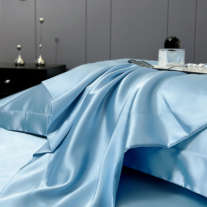 91家纺网 家纺一手货源 找家纺 合纵跨境工厂 新款水洗真丝纯色四件套跨境外贸JIT一件代发TEMU亚马逊希音包过核价冰丝床单款床笠款四件套 天蓝