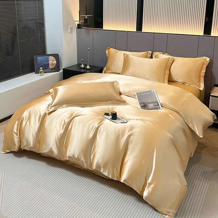 91家纺网 家纺一手货源 找家纺 合纵跨境工厂 新款水洗真丝纯色四件套跨境外贸JIT一件代发TEMU亚马逊希音包过核价冰丝床单款床笠款四件套 驼色