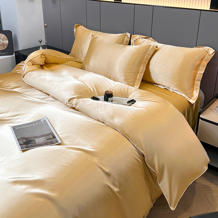 91家纺网 家纺一手货源 找家纺 合纵跨境工厂 新款水洗真丝纯色四件套跨境外贸JIT一件代发TEMU亚马逊希音包过核价冰丝床单款床笠款四件套 驼色