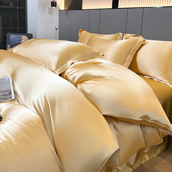 91家纺网 家纺一手货源 找家纺 合纵跨境工厂 新款水洗真丝纯色四件套跨境外贸JIT一件代发TEMU亚马逊希音包过核价冰丝床单款床笠款四件套 驼色