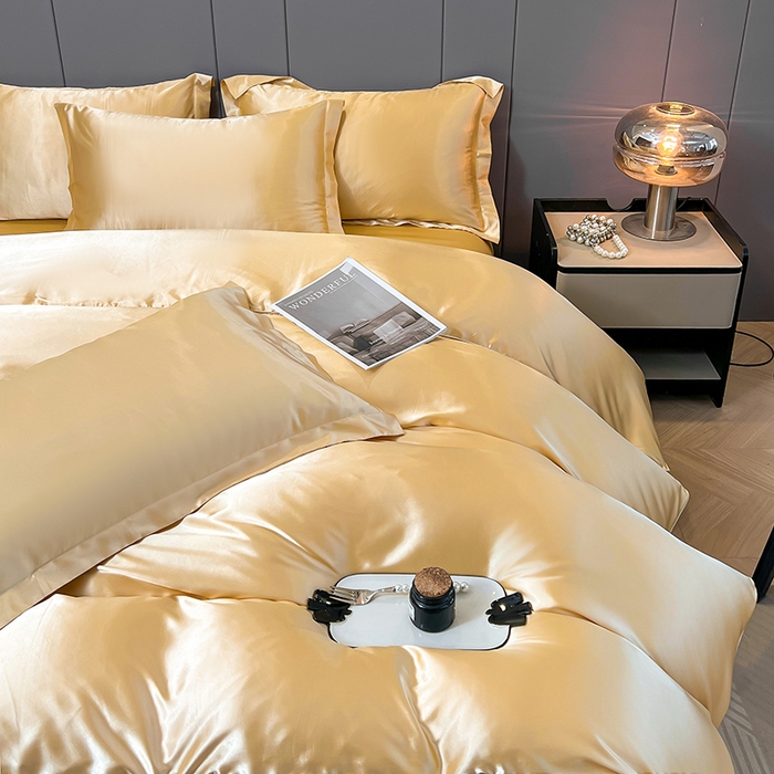 91家纺网 家纺一手货源 找家纺 合纵跨境工厂 新款水洗真丝纯色四件套跨境外贸JIT一件代发TEMU亚马逊希音包过核价冰丝床单款床笠款四件套 驼色