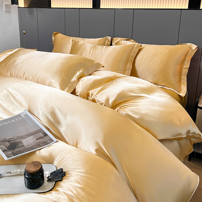 91家纺网 家纺一手货源 找家纺 合纵跨境工厂 新款水洗真丝纯色四件套跨境外贸JIT一件代发TEMU亚马逊希音包过核价冰丝床单款床笠款四件套 驼色