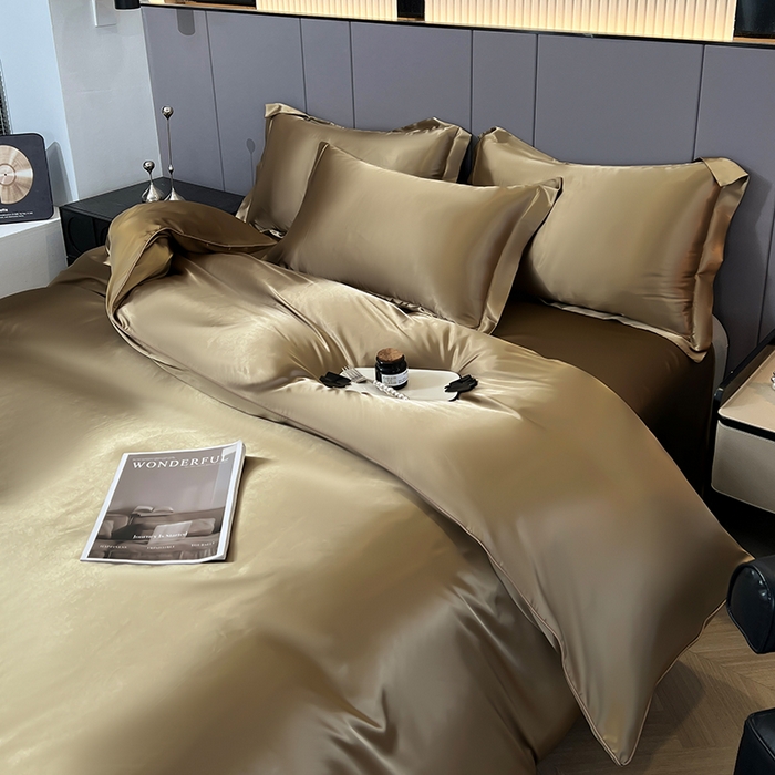 91家纺网 家纺一手货源 找家纺 合纵跨境工厂 新款水洗真丝纯色四件套跨境外贸JIT一件代发TEMU亚马逊希音包过核价冰丝床单款床笠款四件套 香槟金