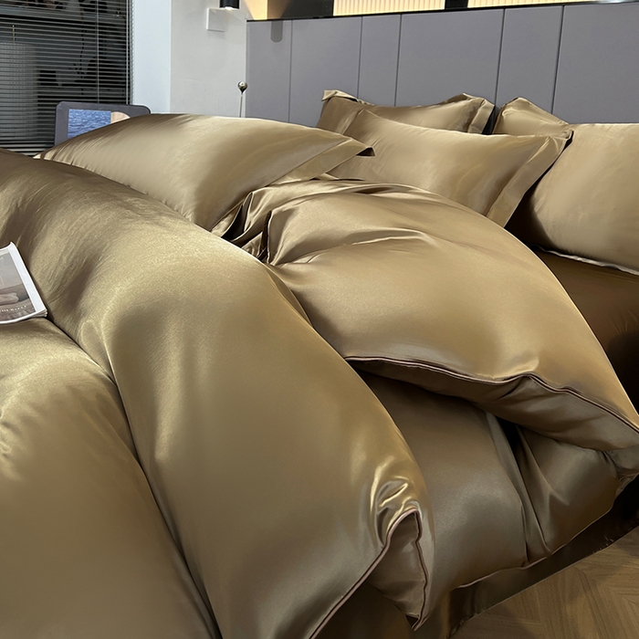 91家纺网 家纺一手货源 找家纺 合纵跨境工厂 新款水洗真丝纯色四件套跨境外贸JIT一件代发TEMU亚马逊希音包过核价冰丝床单款床笠款四件套 香槟金