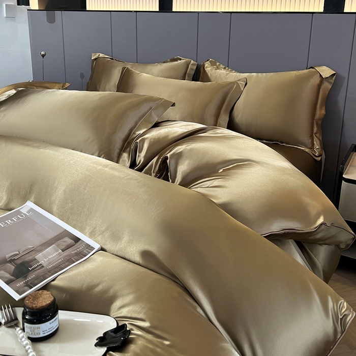 91家纺网 家纺一手货源 找家纺 合纵跨境工厂 新款水洗真丝纯色四件套跨境外贸JIT一件代发TEMU亚马逊希音包过核价冰丝床单款床笠款四件套 香槟金