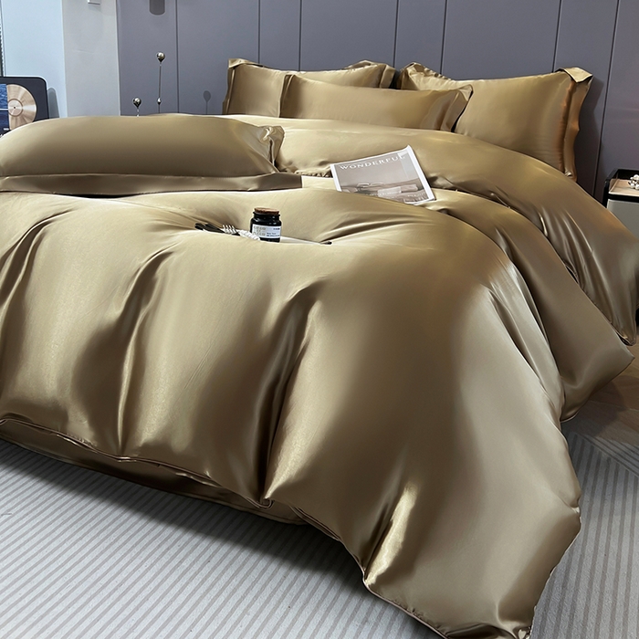 91家纺网 家纺一手货源 找家纺 合纵跨境工厂 新款水洗真丝纯色四件套跨境外贸JIT一件代发TEMU亚马逊希音包过核价冰丝床单款床笠款四件套 香槟金