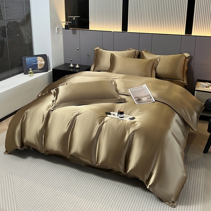 91家纺网 家纺一手货源 找家纺 合纵跨境工厂 新款水洗真丝纯色四件套跨境外贸JIT一件代发TEMU亚马逊希音包过核价冰丝床单款床笠款四件套 香槟金