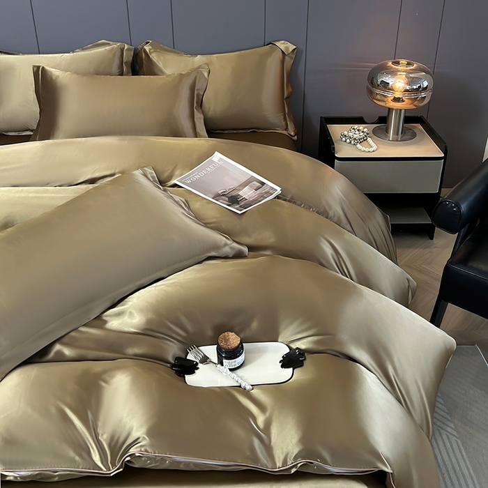 91家纺网 家纺一手货源 找家纺 合纵跨境工厂 新款水洗真丝纯色四件套跨境外贸JIT一件代发TEMU亚马逊希音包过核价冰丝床单款床笠款四件套 香槟金