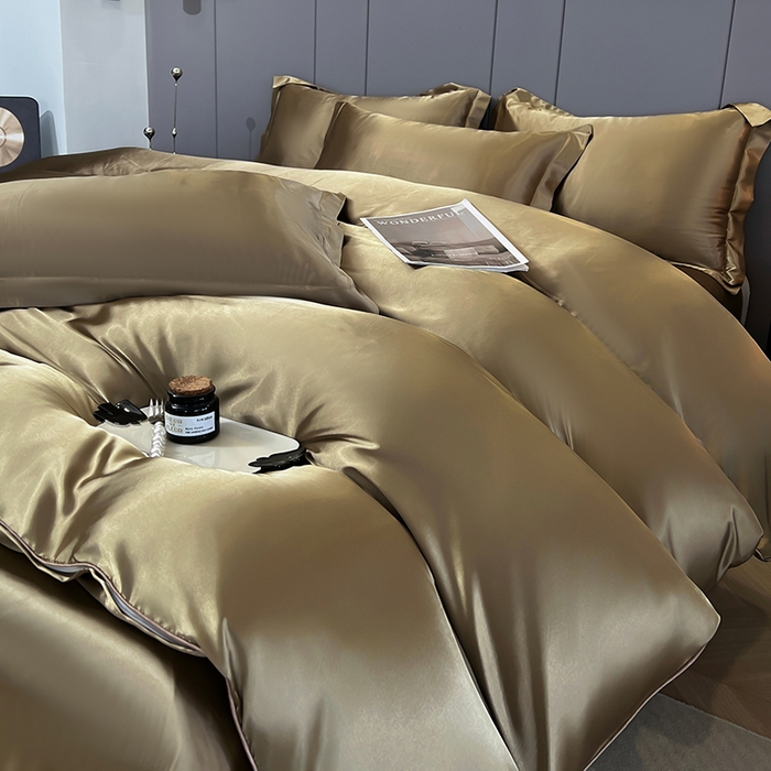 91家纺网 家纺一手货源 找家纺 合纵跨境工厂 新款水洗真丝纯色四件套跨境外贸JIT一件代发TEMU亚马逊希音包过核价冰丝床单款床笠款四件套 香槟金