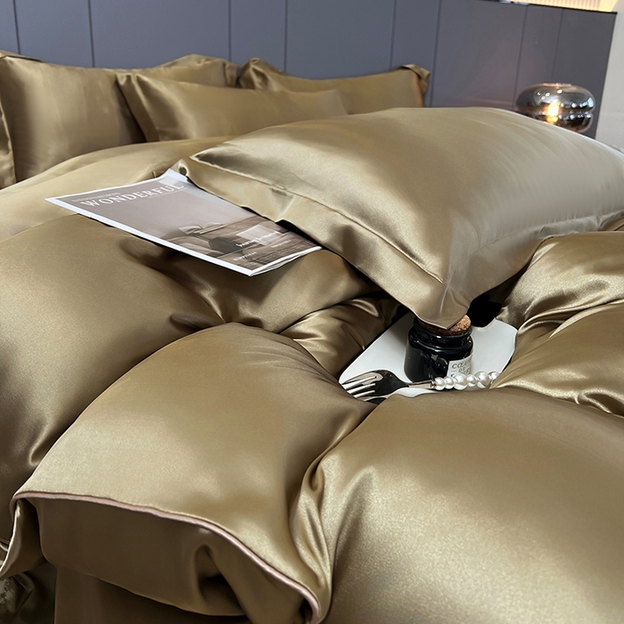 91家纺网 家纺一手货源 找家纺 合纵跨境工厂 新款水洗真丝纯色四件套跨境外贸JIT一件代发TEMU亚马逊希音包过核价冰丝床单款床笠款四件套 香槟金