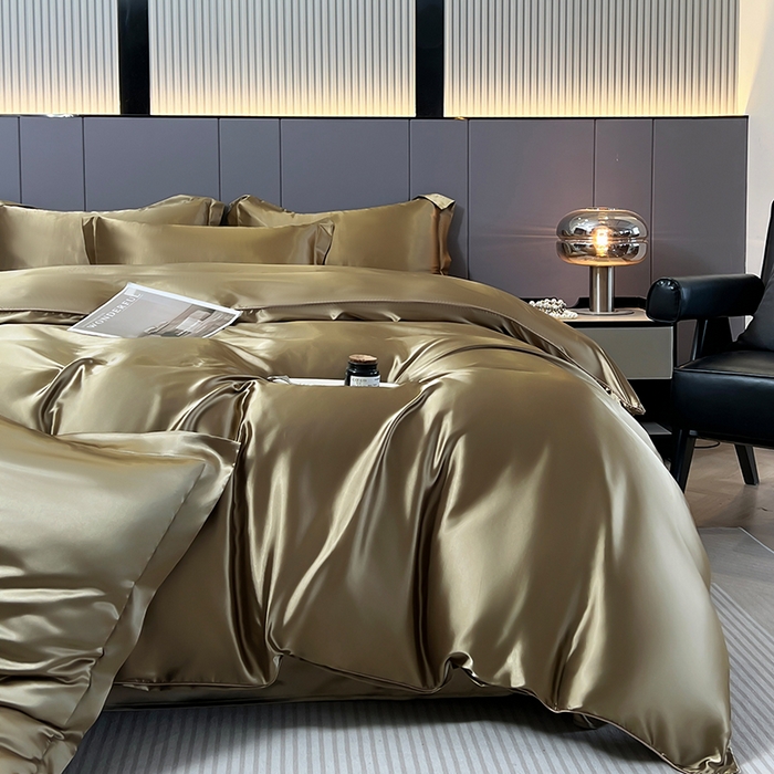 91家纺网 家纺一手货源 找家纺 合纵跨境工厂 新款水洗真丝纯色四件套跨境外贸JIT一件代发TEMU亚马逊希音包过核价冰丝床单款床笠款四件套 香槟金