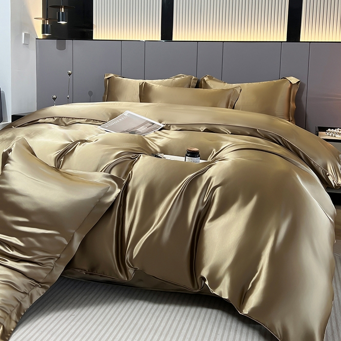 91家纺网 家纺一手货源 找家纺 合纵跨境工厂 新款水洗真丝纯色四件套跨境外贸JIT一件代发TEMU亚马逊希音包过核价冰丝床单款床笠款四件套 香槟金