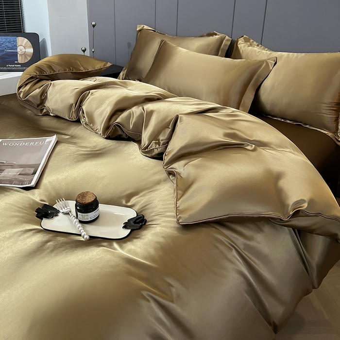 91家纺网 家纺一手货源 找家纺 合纵跨境工厂 新款水洗真丝纯色四件套跨境外贸JIT一件代发TEMU亚马逊希音包过核价冰丝床单款床笠款四件套 香槟金