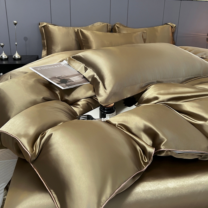 91家纺网 家纺一手货源 找家纺 合纵跨境工厂 新款水洗真丝纯色四件套跨境外贸JIT一件代发TEMU亚马逊希音包过核价冰丝床单款床笠款四件套 香槟金