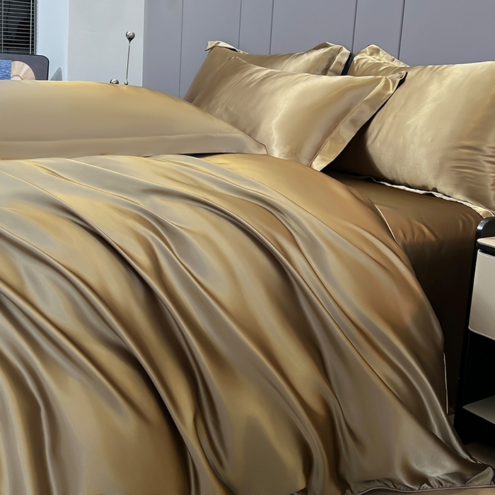 91家纺网 家纺一手货源 找家纺 合纵跨境工厂 新款水洗真丝纯色四件套跨境外贸JIT一件代发TEMU亚马逊希音包过核价冰丝床单款床笠款四件套 香槟金