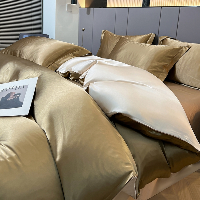 91家纺网 家纺一手货源 找家纺 合纵跨境工厂 新款水洗真丝纯色四件套跨境外贸JIT一件代发TEMU亚马逊希音包过核价冰丝床单款床笠款四件套 香槟拼米